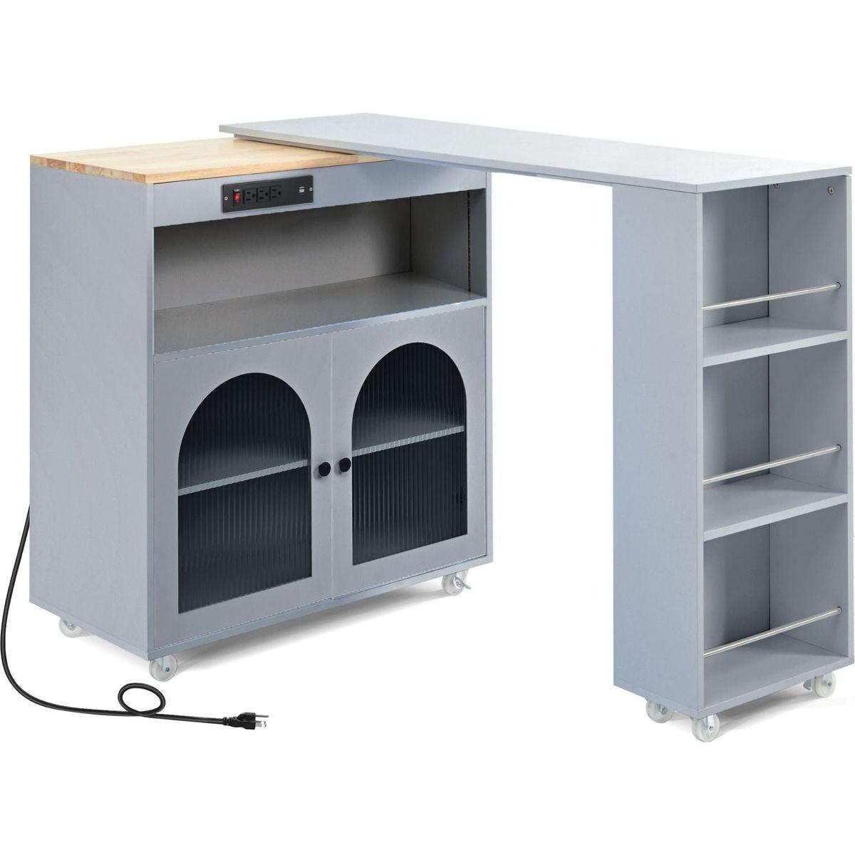Rolling Kitchen Island With Movable Extended Table, Kitchen Cabinet on Wheels with Power Outlets and 2 Fluted Glass Doors, Kitchen Island with a Storage Compartment and Side 3 Open Shelves, Grey