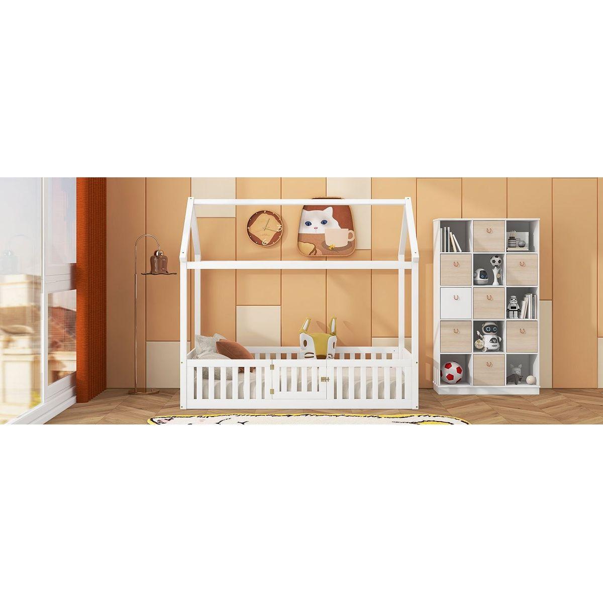 Twin Size Wood House Bed with Fence and Door, White