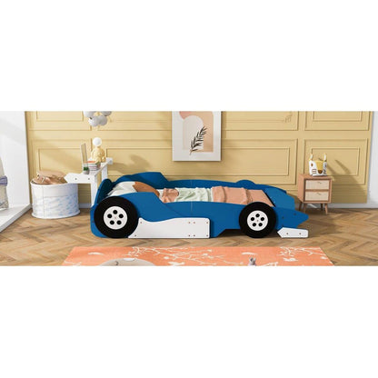 Full Size Race Car-Shaped Platform Bed with Wheels,Blue