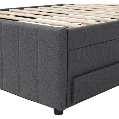 Twin Size Upholstered Platform Bed with Trundle and 3 Drawers, Linen Fabric, Gray