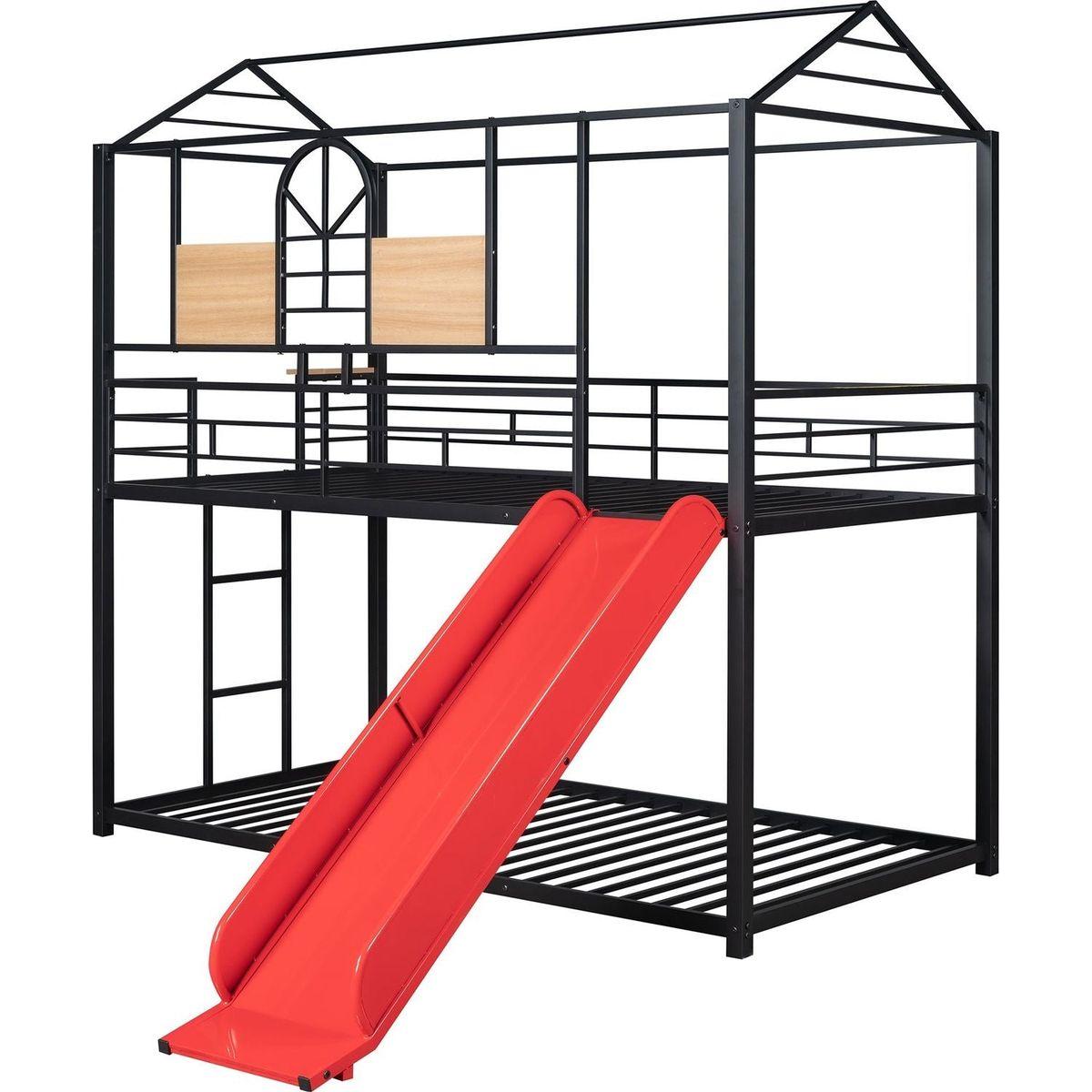 Twin Over Twin Metal Bunk Bed, Metal Housebed With Slide,Three Colors Available.(Black with Red Slide)