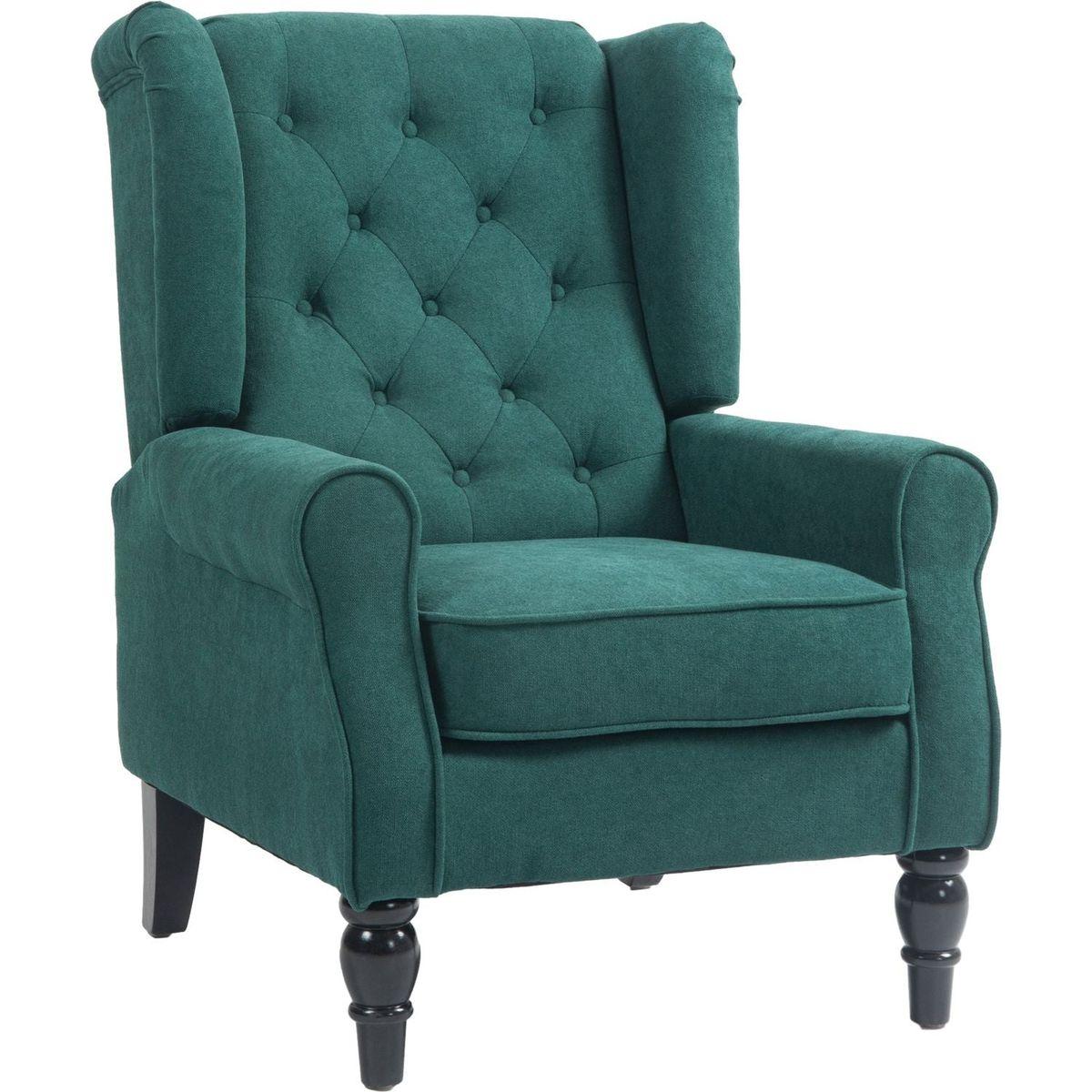 Button-Tufted Accent Chair with High Wingback, Rounded Cushioned Armrests and Thick Padded Seat, Dark Green