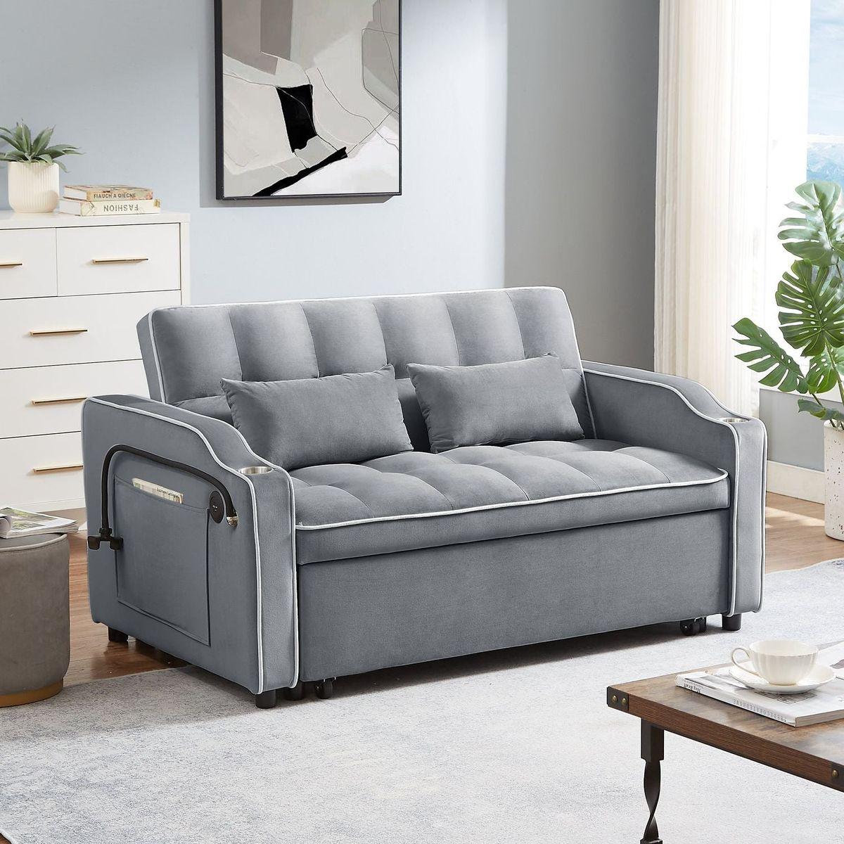 1 versatile foldable sofa bed in 3 lengths, modern sofa sofa sofa velvet pull-out bed, adjustable back and with USB port and ashtray and swivel phone stand (grey)