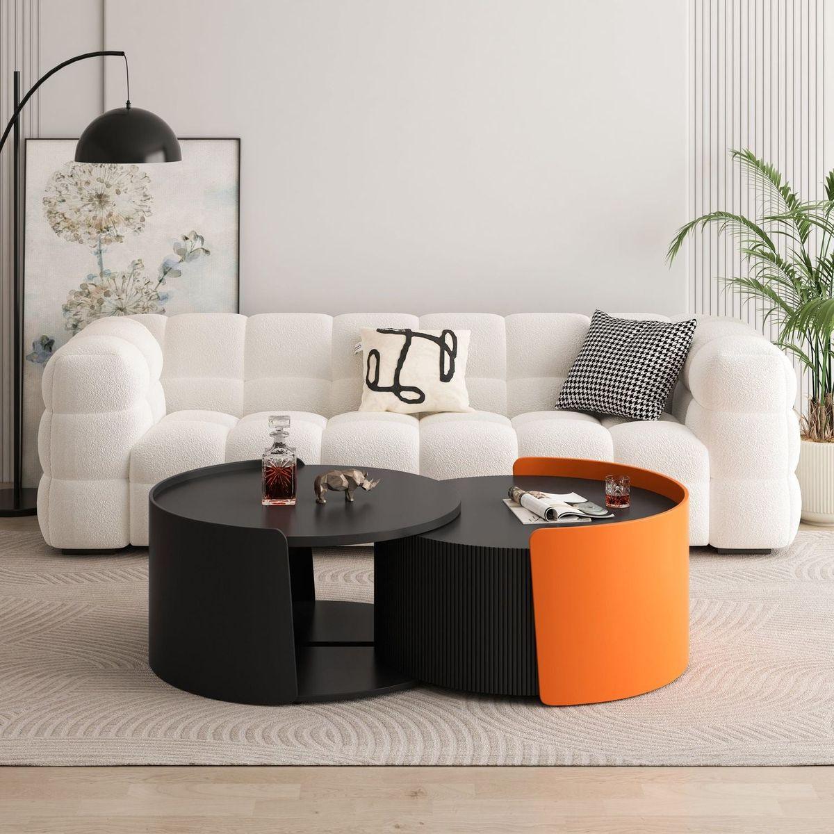 Nesting Coffee Table, Round Nesting Tables and End Tables for Small Space, Modern Side Tables with Extendable Sliding Tabletop for Living Room, Office,Black, No Need Assembly