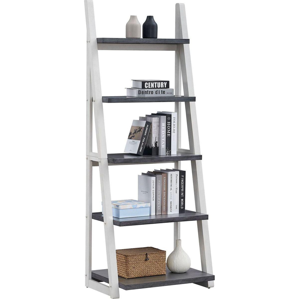 5-Tier Shelves,Bookshelf, Storage Rack, Bookcase with Rubber Wood Frame, Ladder Shelf for Living Room, Home Office, Kitchen, Bedroom, Apartment - Streamdale Furniture