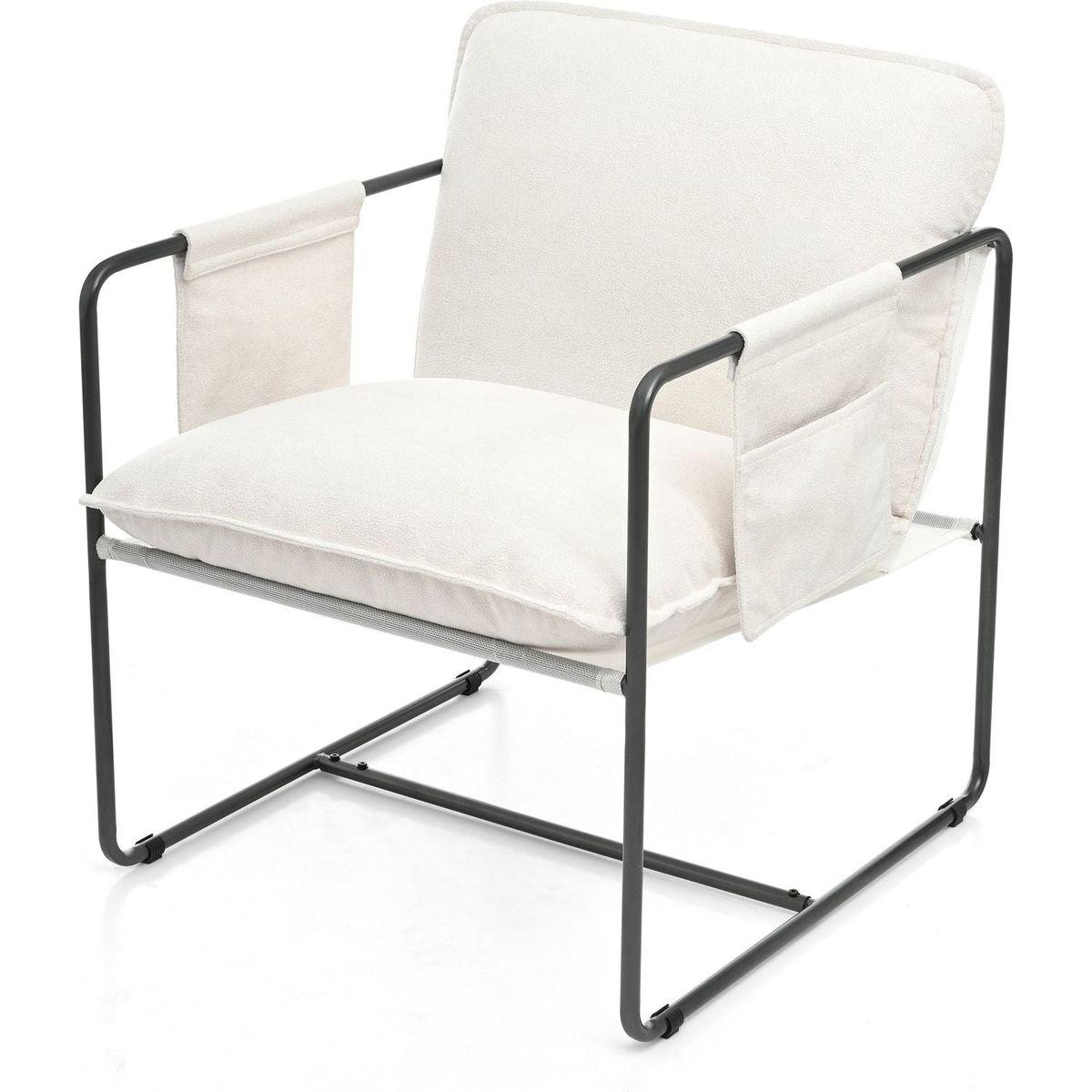 2 Sets 1 Case, Upholstered hanging armchair with arm pocket metal frame, crushed foamcushions and skin-friendly braid for living room and bedroom. White color