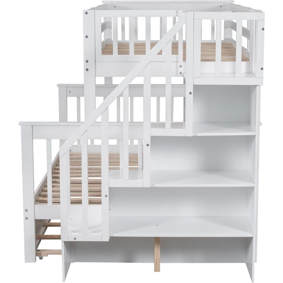 Twin-Over-Full Bunk Bed with Twin size Trundle, Storage and Guard Rail for Bedroom, Dorm, for Adults, White