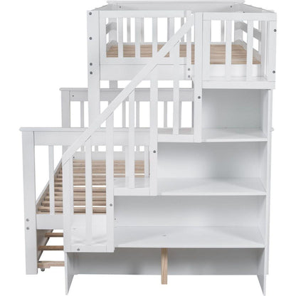 Twin-Over-Full Bunk Bed with Twin size Trundle, Storage and Guard Rail for Bedroom, Dorm, for Adults, White