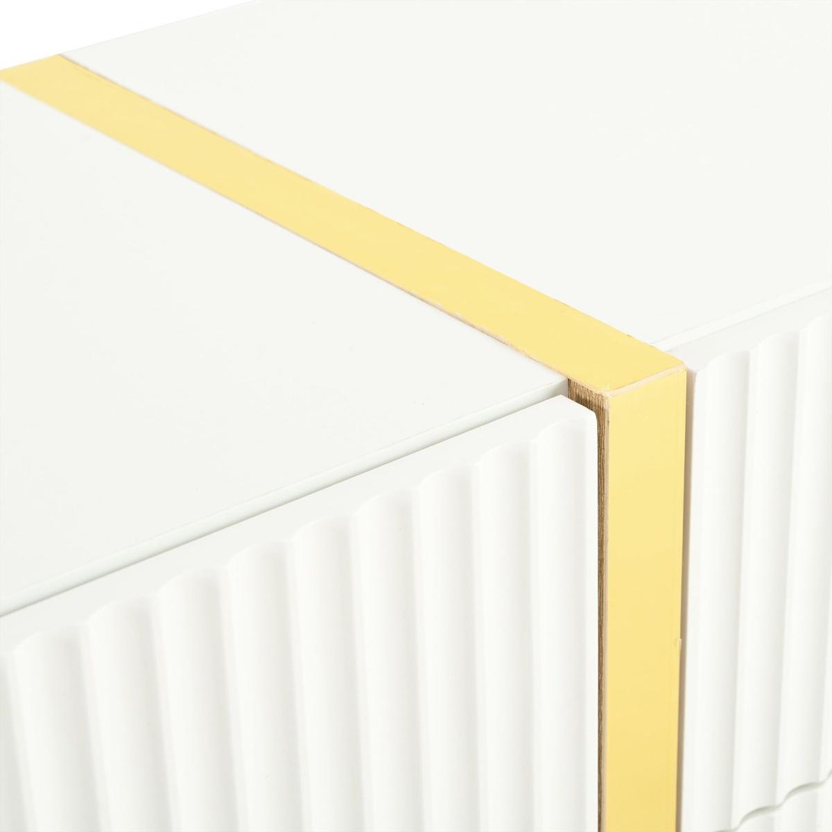 Luxury Fluted TV Stand for TVs Up to 80", Modern Entertainment Center with Storage Cabinets & Drawers, Smooth Media Console with Golden Wood Grain Legs for Living Room, White