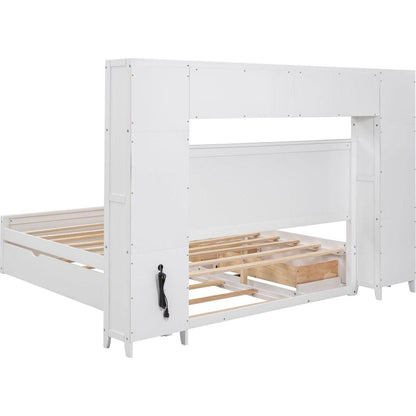 Queen Size Wooden Bed With All-in-One Cabinet, Shelf and Sockets, White
