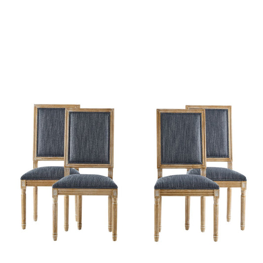 Vintage Inspired Set of 4 French Country Dining Chairs with Elegant Cane Backrest & Upholstered Seats in Rustic Weathered Blue Gray, Solid Rubberwood Frame