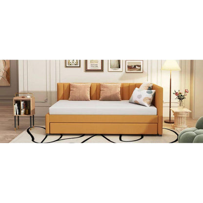 Upholstered Daybed with Trundle Twin Size Sofa Bed Frame No Box Spring Needed, Linen Fabric(Yellow)