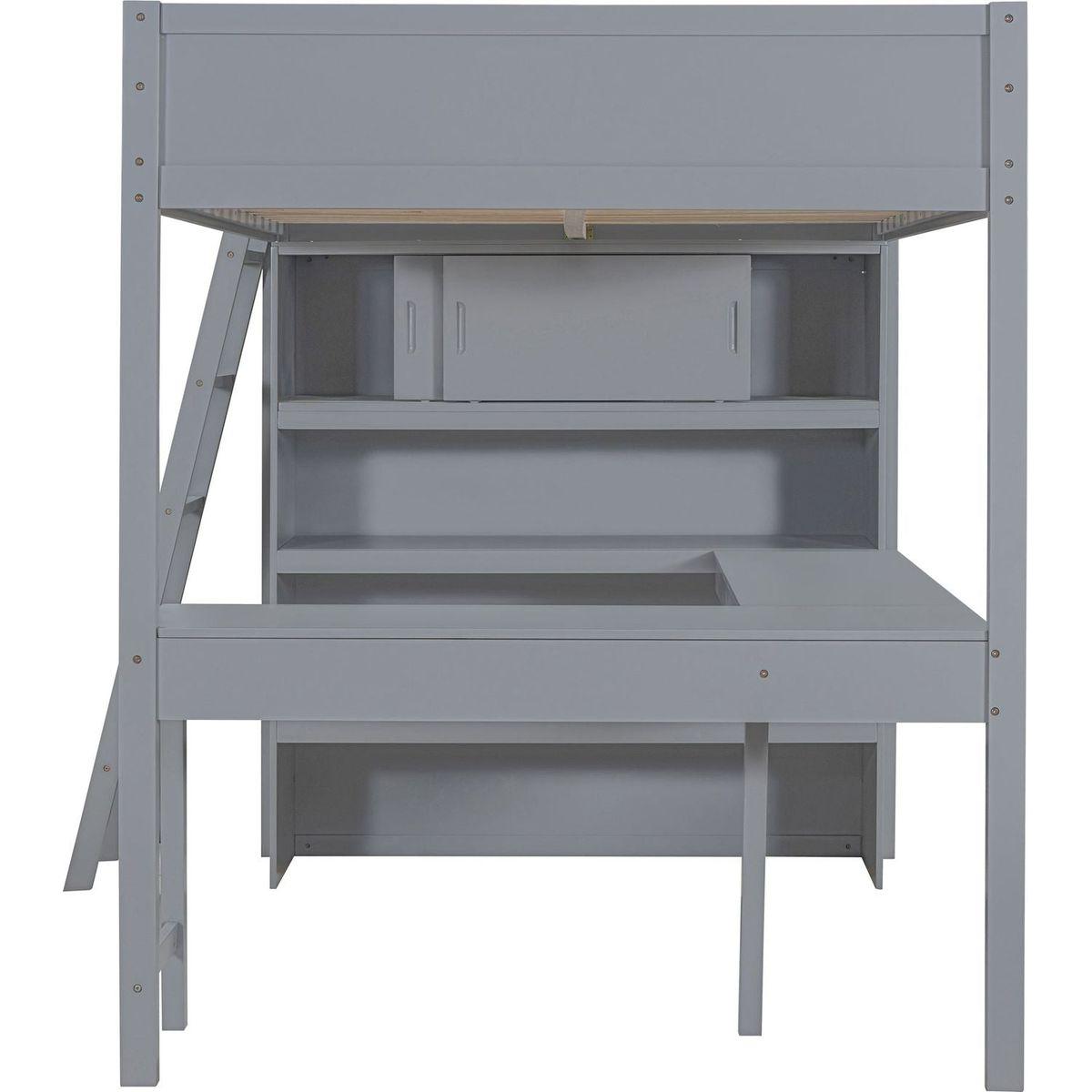 Full Size Loft Bed with Desk and Shelf - Gray