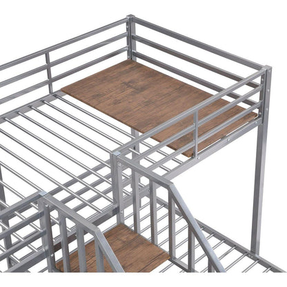 Metal Twin over Twin & Twin Bunk Bed, Triple Bunk Bed with Storage Shelves Staircase, Silver