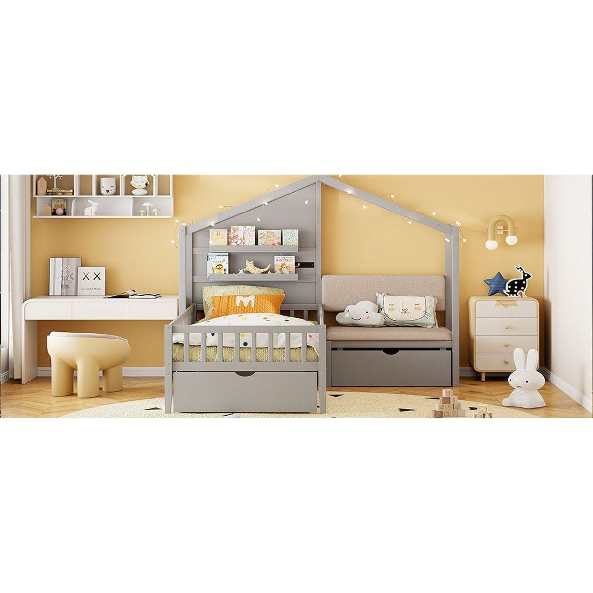 Twin Size House Bed with Upholstered Sofa, House Bed with Charging Station, Wireless Charging, Shelves and Two Drawers, Gray
