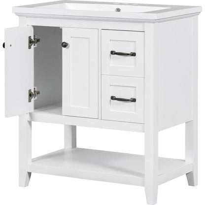 30" Bathroom Vanity with Ceramic Sink Top, Vanity Cabinet with Multi-Functional Drawer, Solid Wood Legs, White