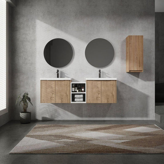 60" Wall-Mounted Bathroom Vanity With Sink and Side Cabinet, Soft Close Doors,00112IMOx1-0624IMOx2-0612GWH Combination Cabinet(KD-Packing)