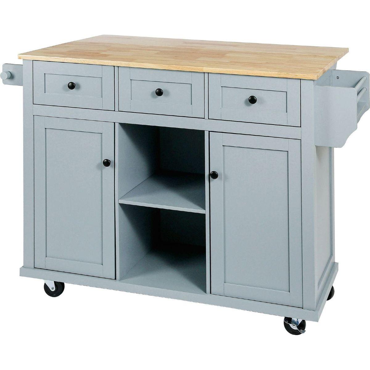 Kitchen Cart with Rubber wood Drop-Leaf Countertop, Cabinet door internal storage racks,Kitchen Island on 5 Wheels with Storage Cabinet and 3 Drawers for Dining Room, Grey Blue