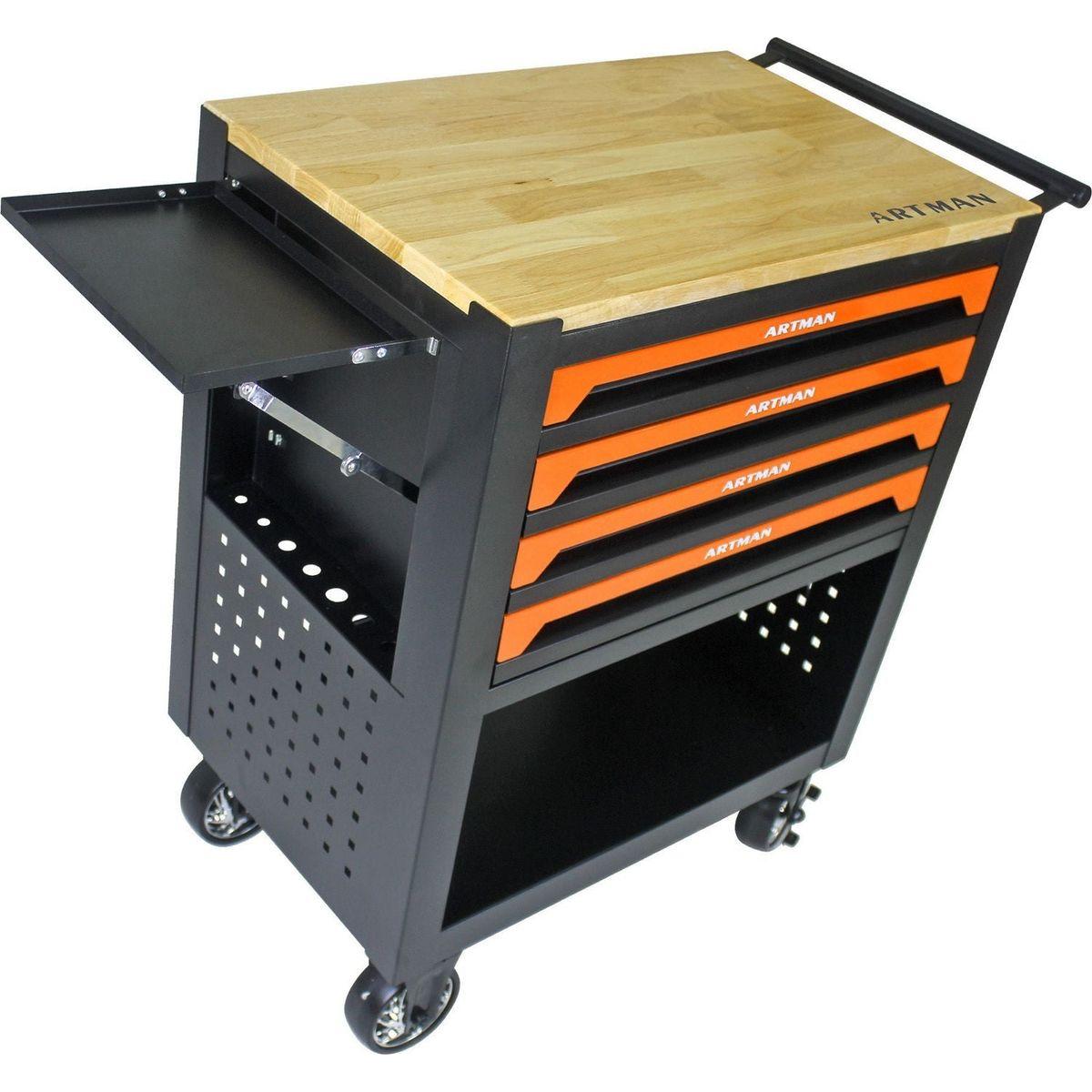 4 DRAWERS MULTIFUNCTIONAL TOOL CART WITH WHEELS AND WOODEN TOP-ORANGE