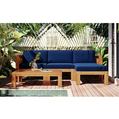 Outdoor Backyard Patio Wood 5-Piece Sectional Sofa Seating Group Set with Cushions, Natural Finish+ Blue Cushions