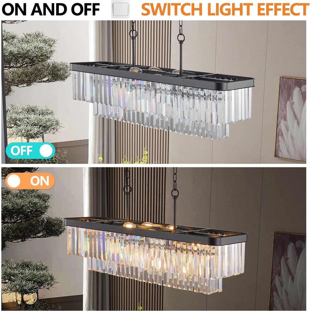 Chandeliers,Rectangular Crystal Chandelier Adjustable,E12 Modern Industrial Crystal Lights,Farmhouse Iron Ceiling Hanging Light for Kitchen Living Room Bedroom/Black(Bulb Not Included)