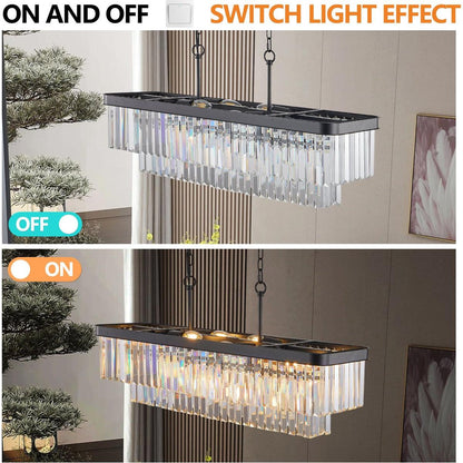 Chandeliers,Rectangular Crystal Chandelier Adjustable,E12 Modern Industrial Crystal Lights,Farmhouse Iron Ceiling Hanging Light for Kitchen Living Room Bedroom/Black(Bulb Not Included)