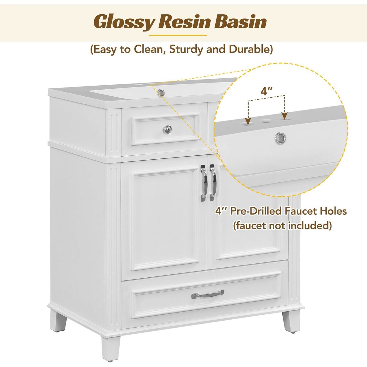 30" Bathroom Vanity with Resin Sink, Solid Wood Frame Bathroom Storage Cabinet with Soft Closing Doors, Retro Style, White