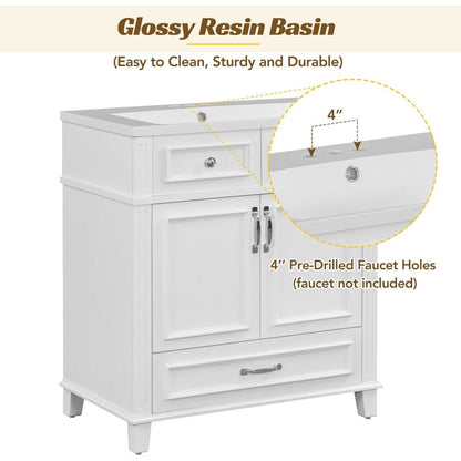 30" Bathroom Vanity with Resin Sink, Solid Wood Frame Bathroom Storage Cabinet with Soft Closing Doors, Retro Style, White