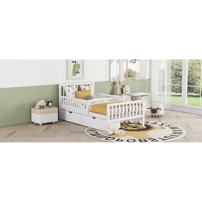 Twin Size Wood Platform Bed with Guardrails on Both Sides and Two Storage Drawers, White