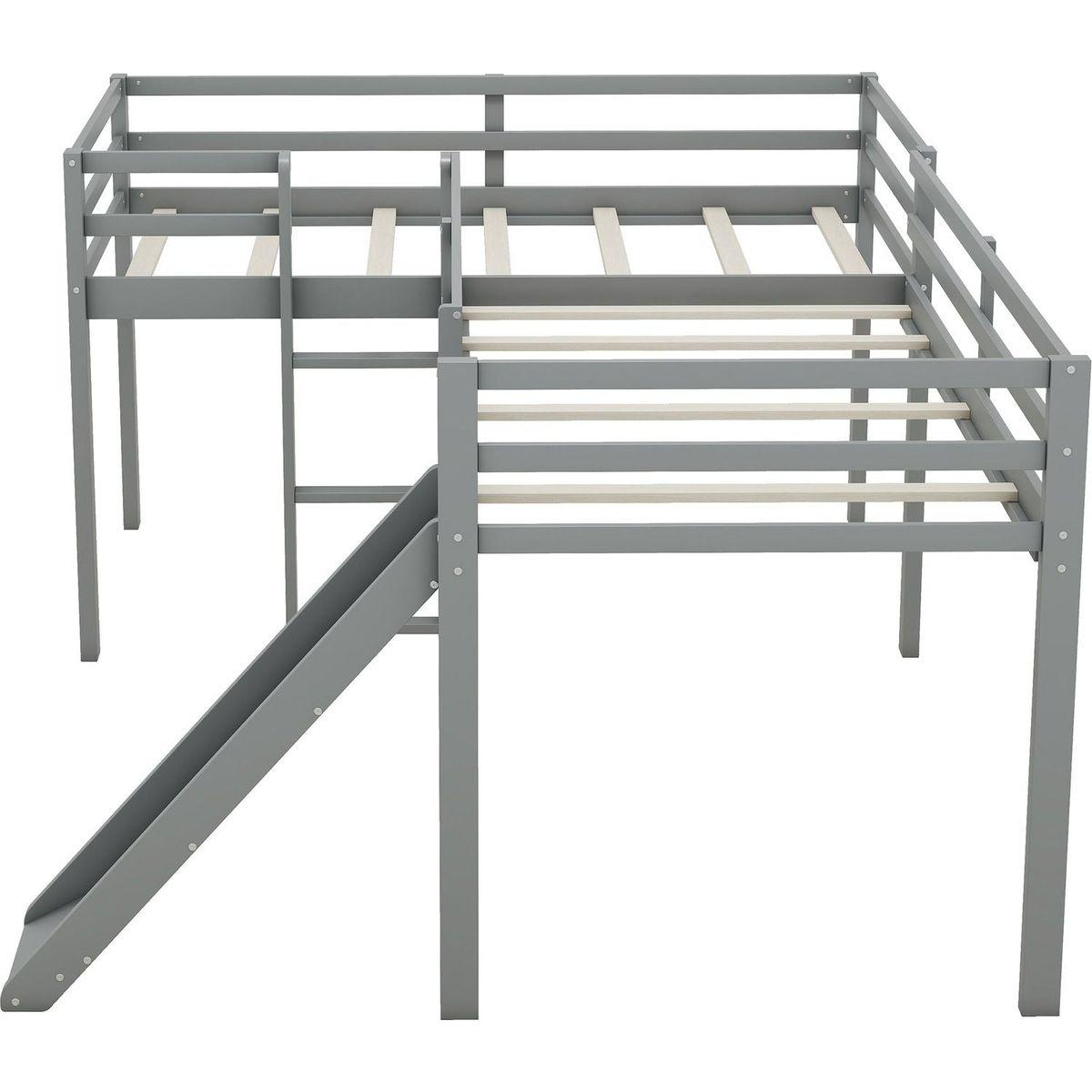 L-Shaped Twin Size Loft Bed with Ladder and Slide, Gray