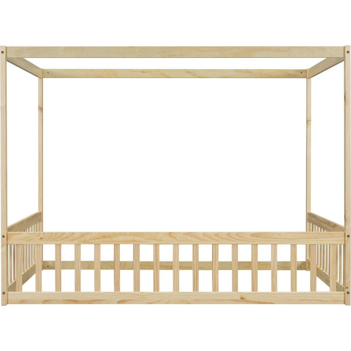 Full Size Canopy Frame Floor Bed with Fence, Guardrails,Natural