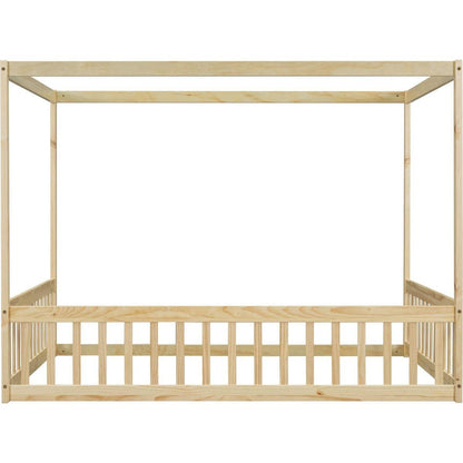 Full Size Canopy Frame Floor Bed with Fence, Guardrails,Natural