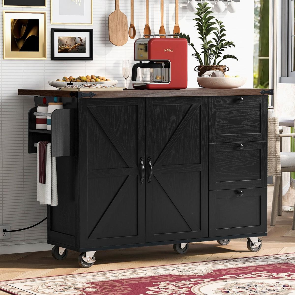 54.5" Farmhouse Kitchen Island with Power Outlet, Kitchen Storage Island with Internal Storage Rack, Drop Leaf, Spice Rack, Rolling Kitchen Cart on Wheels, for Home, Kitchen and Dining Room,Black