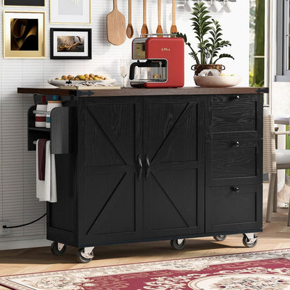 54.5" Farmhouse Kitchen Island with Power Outlet, Kitchen Storage Island with Internal Storage Rack, Drop Leaf, Spice Rack, Rolling Kitchen Cart on Wheels, for Home, Kitchen and Dining Room,Black