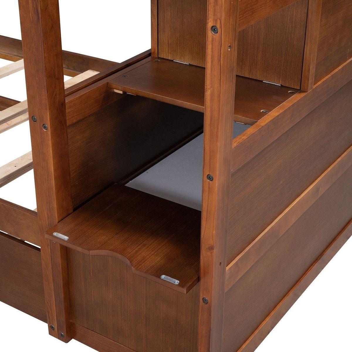 Twin-Over-Twin Bunk Bed with Twin Size Trundle and 3 Storage Stairs,Walnut