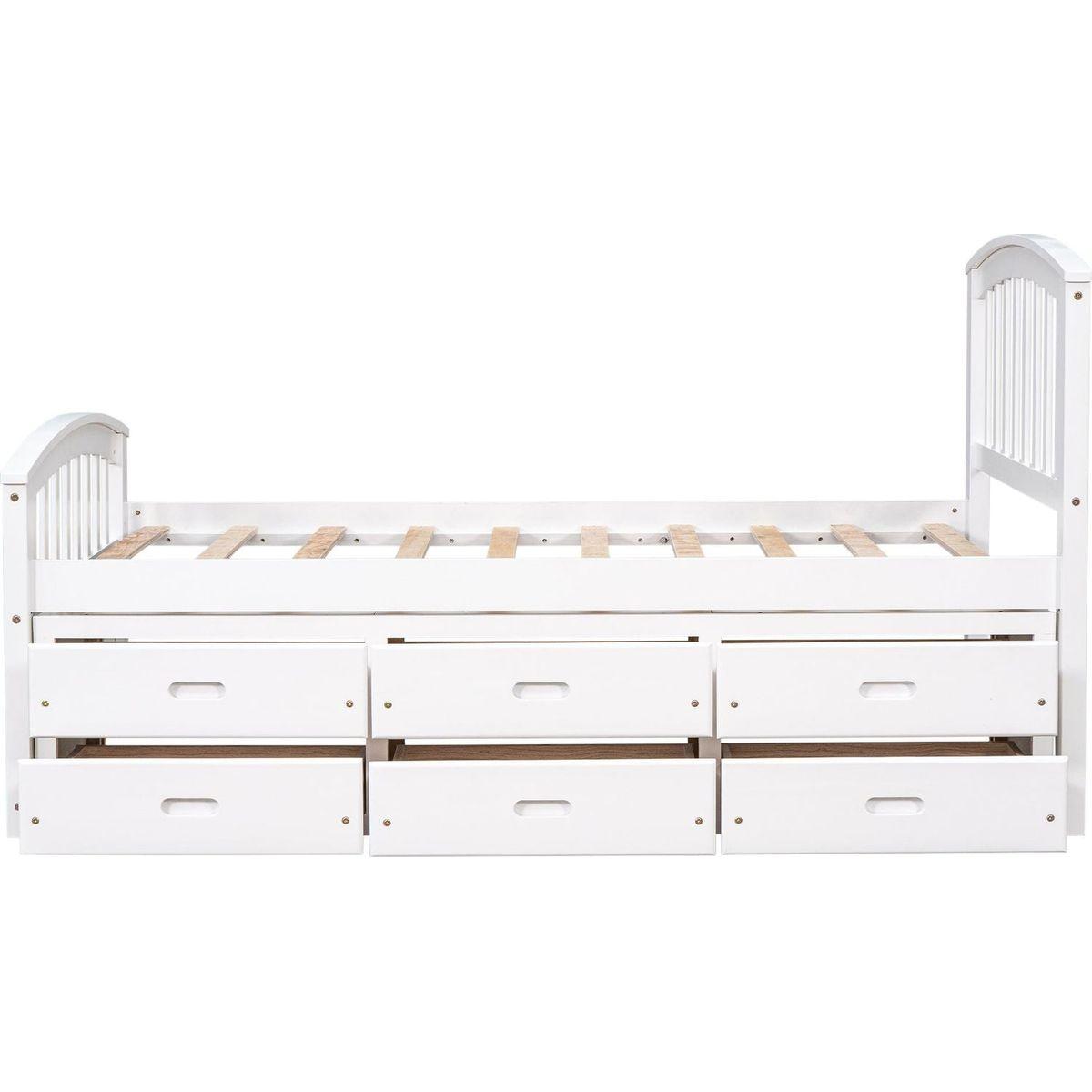 Twin Size Platform Storage Bed Solid Wood Bed with 6 Drawers,White