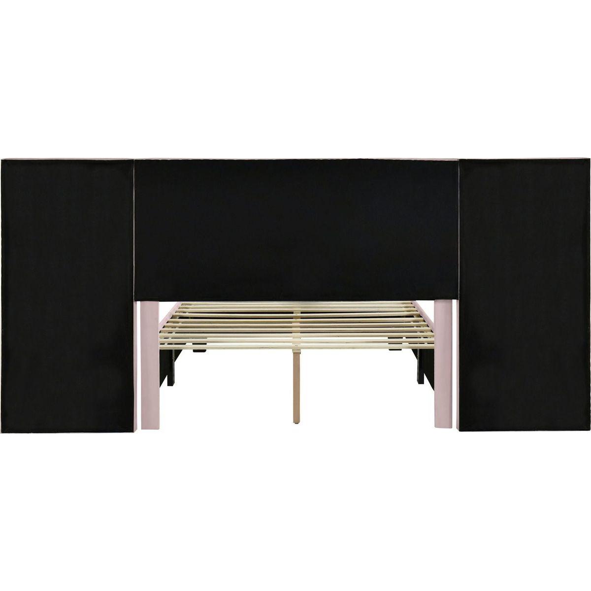 Full Size Upholstered Platform Bed with Big Headboard, Bedroom Furniture, Velvet, Pink