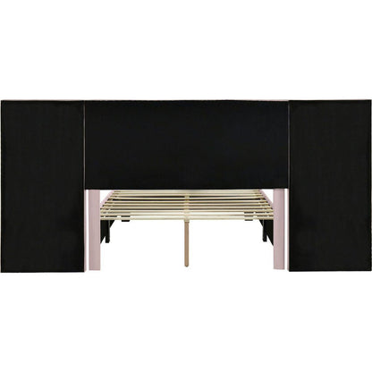 Full Size Upholstered Platform Bed with Big Headboard, Bedroom Furniture, Velvet, Pink
