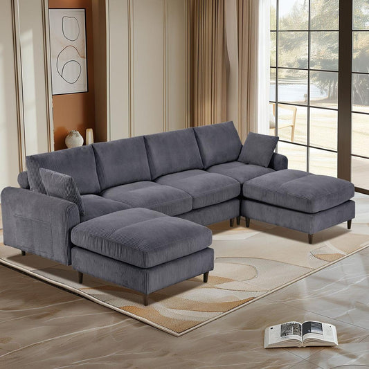 Modern corduroy modular section sofa, U-shaped convertible L-shaped sofa set with pillow, oversized sectional sofa with footstool, suitable for living room, attic, apartment, office - Gray 6 seat