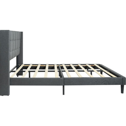 Queen Size Upholstered Platform Bed Frame with Modern Button Tufted Linen Fabric Headboard, No Box Spring Needed, Wood Slat Support, Easy Assembly, Drak Grey