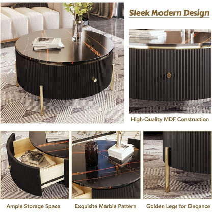 Modern Round Coffee Table with 2 large Drawers Storage Accent Table(31.5")