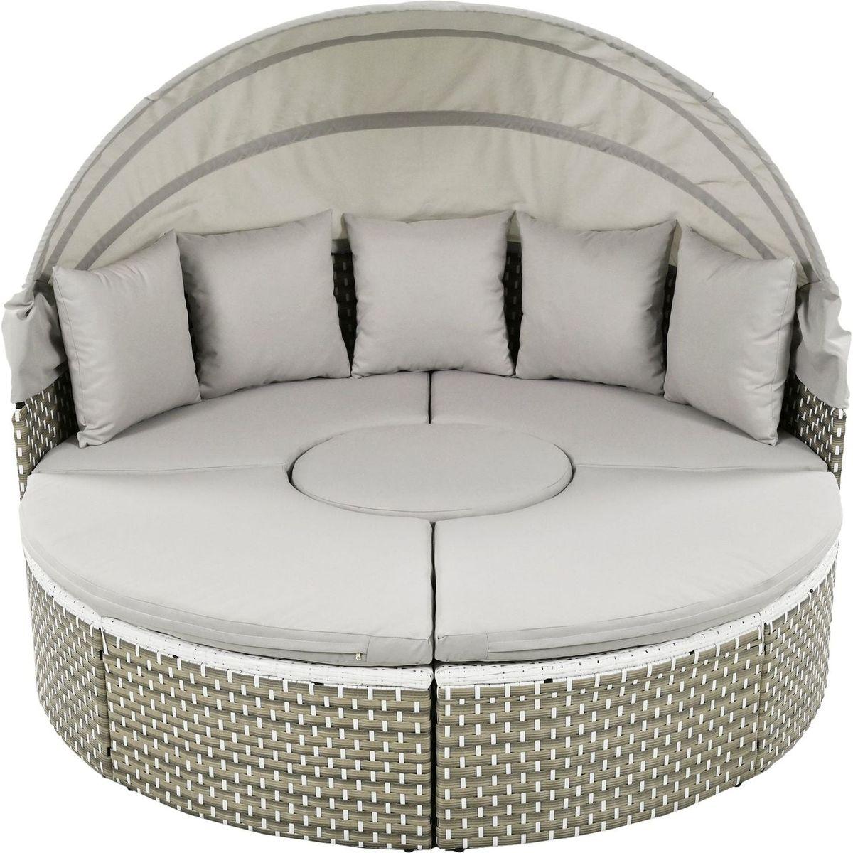 Patio Furniture Round Outdoor Sectional Sofa Set Rattan Daybed Two-Tone Weave Sunbed with Retractable Canopy, Separate Seating and Removable Cushion, Gray