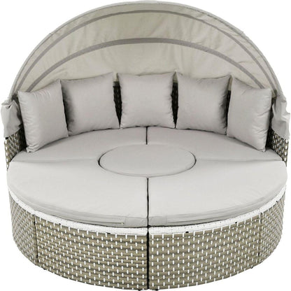 Patio Furniture Round Outdoor Sectional Sofa Set Rattan Daybed Two-Tone Weave Sunbed with Retractable Canopy, Separate Seating and Removable Cushion, Gray