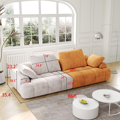 86.6"Large size two Seat Sofa,Modern Upholstered,Gray paired with yellow suede fabric Increase in sitting height