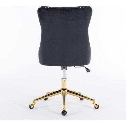 Office Chair,Velvet Upholstered Tufted Button Home Office Chair with Golden Metal Base,Adjustable Desk Chair Swivel Office Chair (Black)