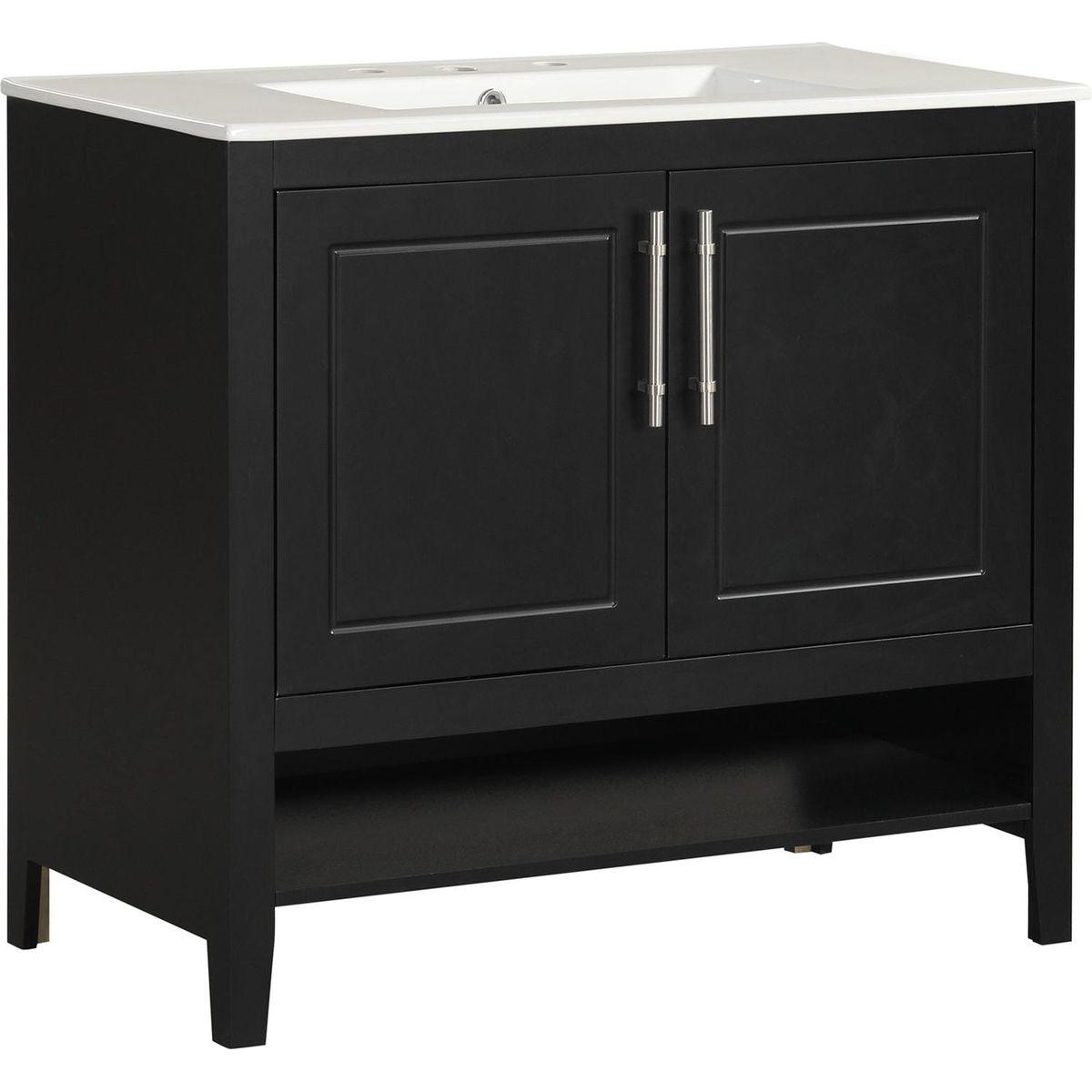 36" Bathroom Vanity with Sink, Multi-functional Bathroom Cabinet with Doors and Drawers, MDF Frame and MDF Board, Black