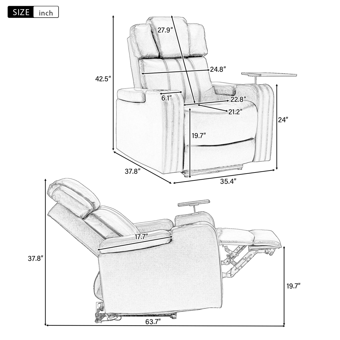 PU Leather Power Recliner Individual Seat Home Theater Recliner with Cooling Cup Holder, Bluetooth Speaker, LED Lights, USB Ports, Tray Table, Arm Storage for Living Room, Black