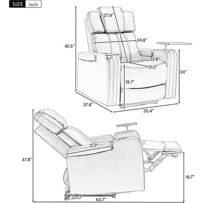 PU Leather Power Recliner Individual Seat Home Theater Recliner with Cooling Cup Holder, Bluetooth Speaker, LED Lights, USB Ports, Tray Table, Arm Storage for Living Room, Grey