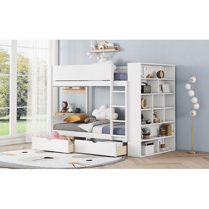 Twin over Twin Bunk Bed With 2 Drawers and Multi-layer Cabinet, White