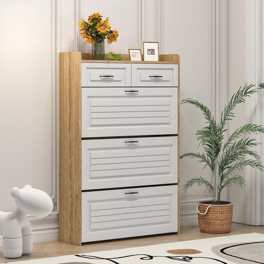1250 White +Oak Color shoe cabinet  with 3 doors 2 drawers,large space for storage